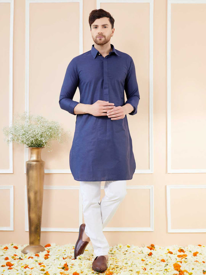 Navy Blue Cotton Solid Pathani Kurta with Pyjama