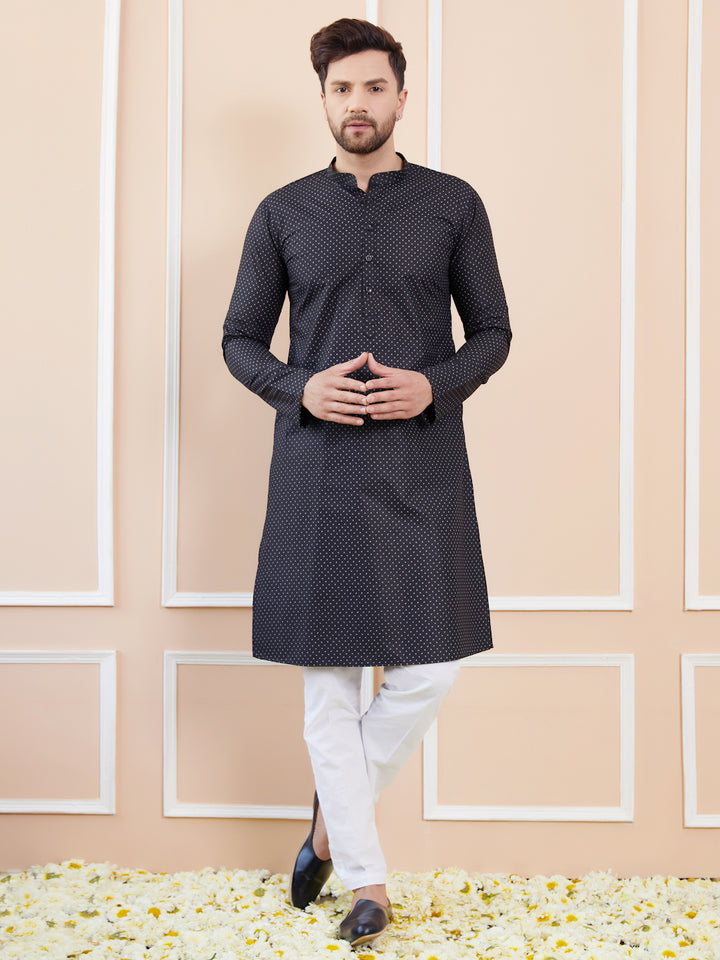 Black Printed Cotton Straight Kurta with Pyjama