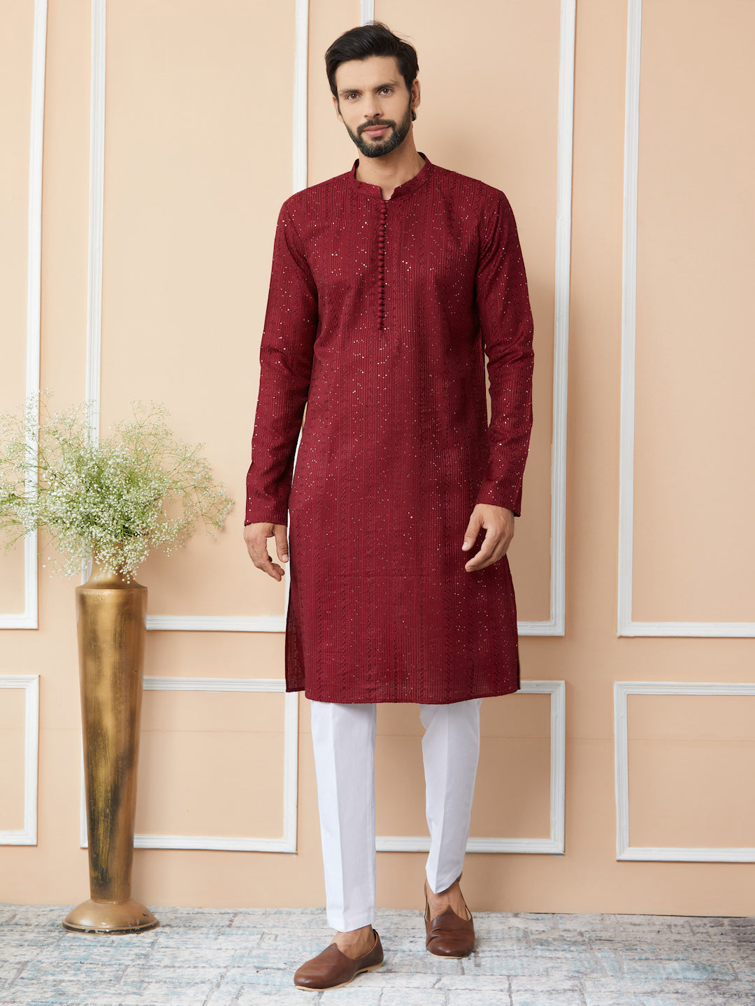 Dark Maroon Embroidered Thread Work Sequinned Chanderi Silk Straight Kurta