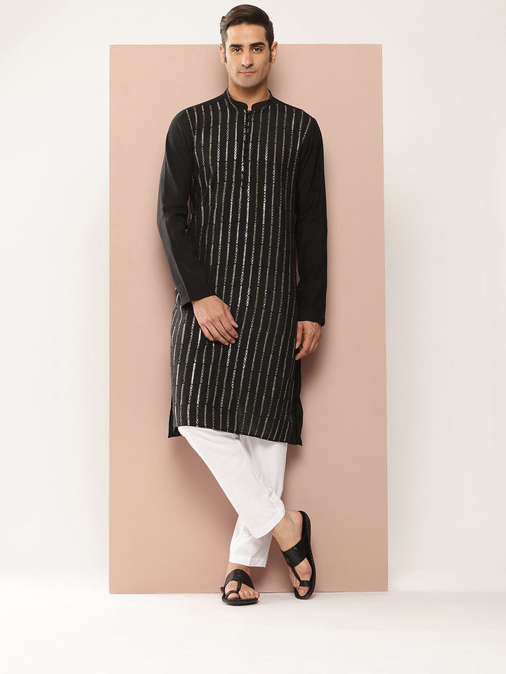 Black Chanderi Silk Kurta with Sequin Embroidery, Paired with Pyjama