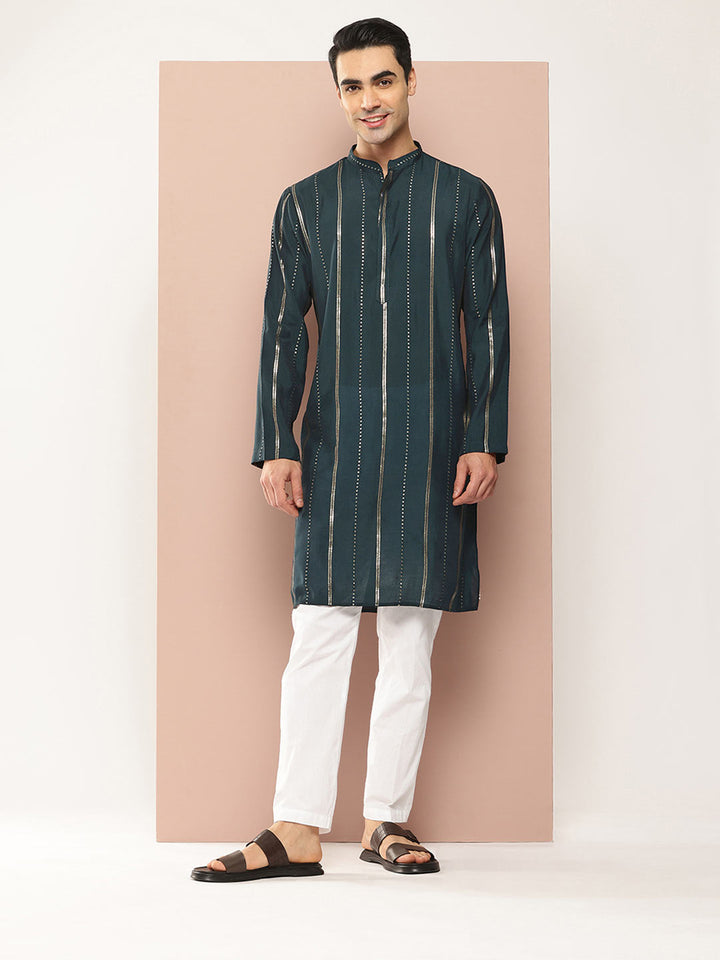 Men's Teal Chanderi Silk Kurta with Sequin Embroidery, Paired with Pyjama