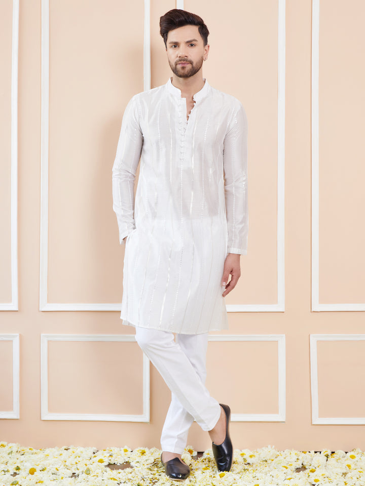 Off White Sequins Embroidered Chanderi Silk Straight Kurta with Pyjama