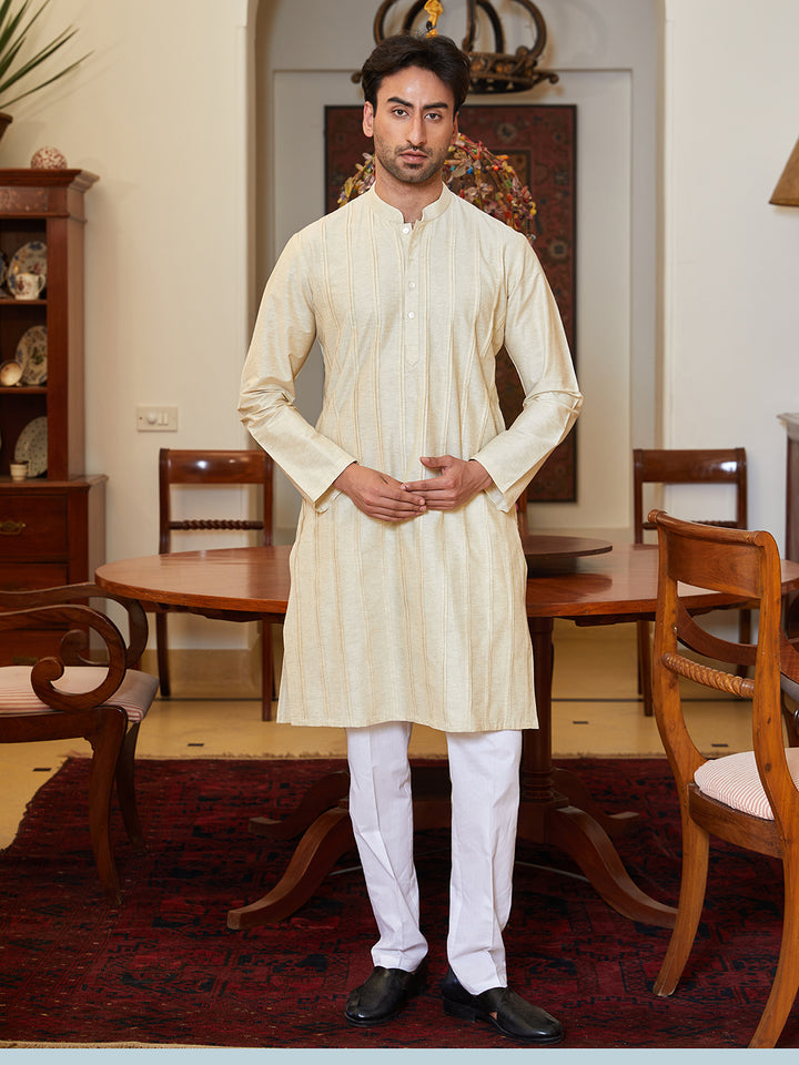 Pintuck Cotton Silk Straight Kurta with Pyjama