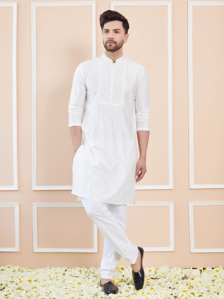 Off White Cotton Solid Straight Kurta with Embroidered Neck and Pyjama