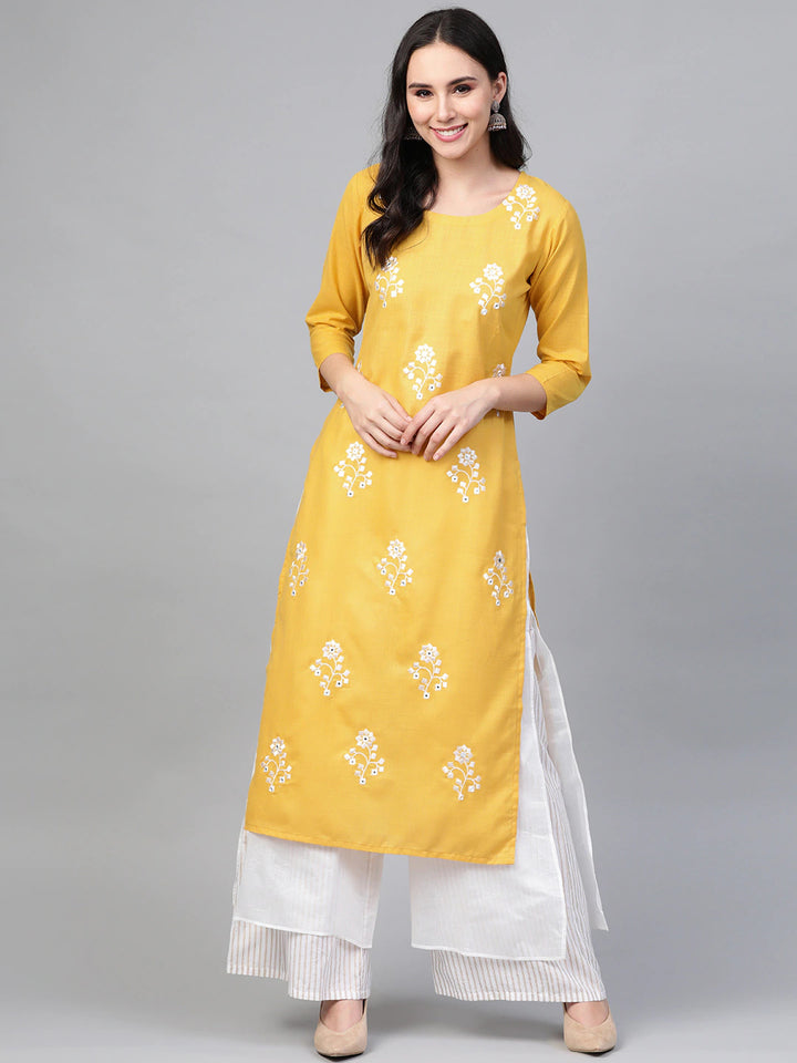 Women Yellow And White Embroidered Straight Kurta