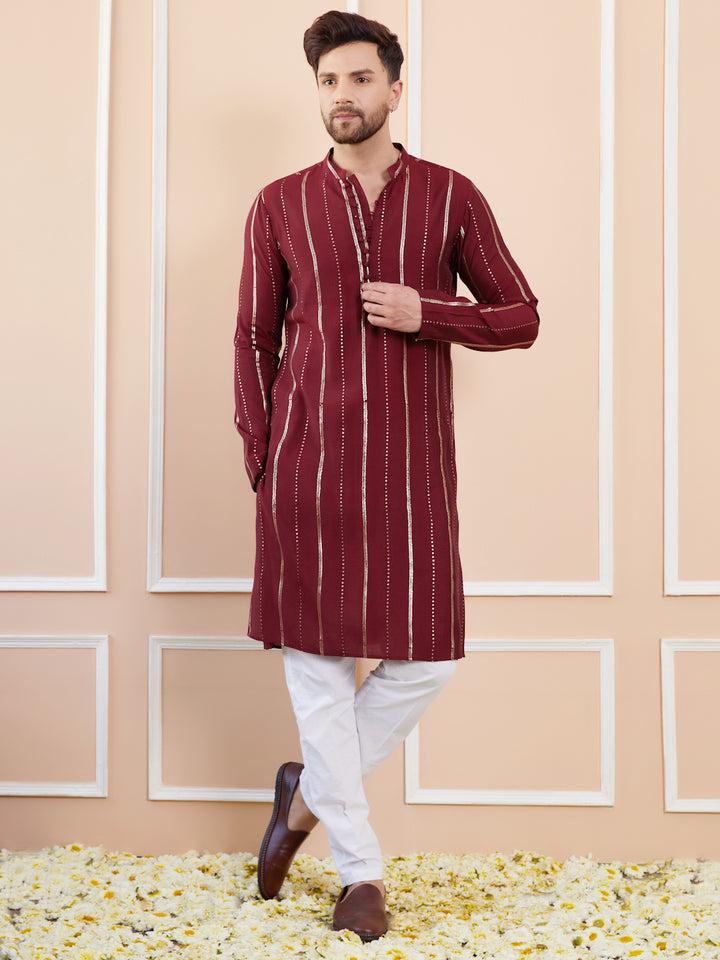 Men Maroon and Gold Sequins Embroidered Chanderi Silk Straight Kurta With Pyjama