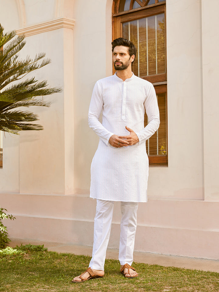 Pintuck with Thread work Pure Cotton Straight Kurta with Pyjama