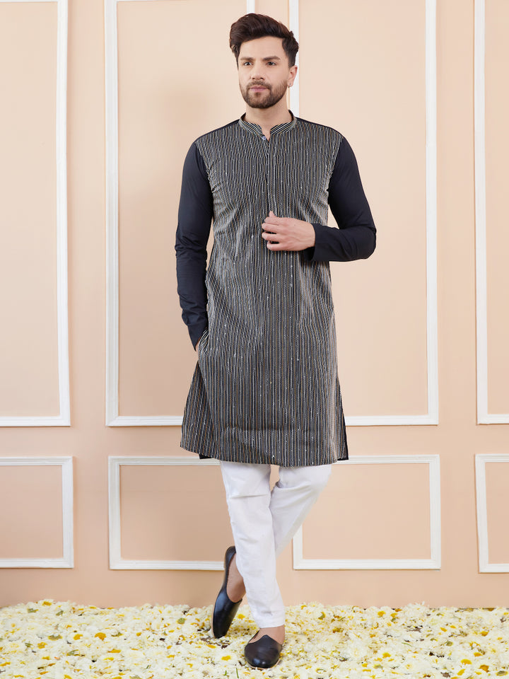 Black Sequins and Thread Worked Cotton Straight Kurta with Pyjama