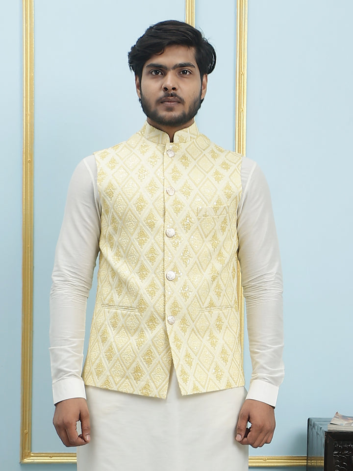 Pure Silk Kurta & Pyjama with Sequins Embroidered Nehru Jacket