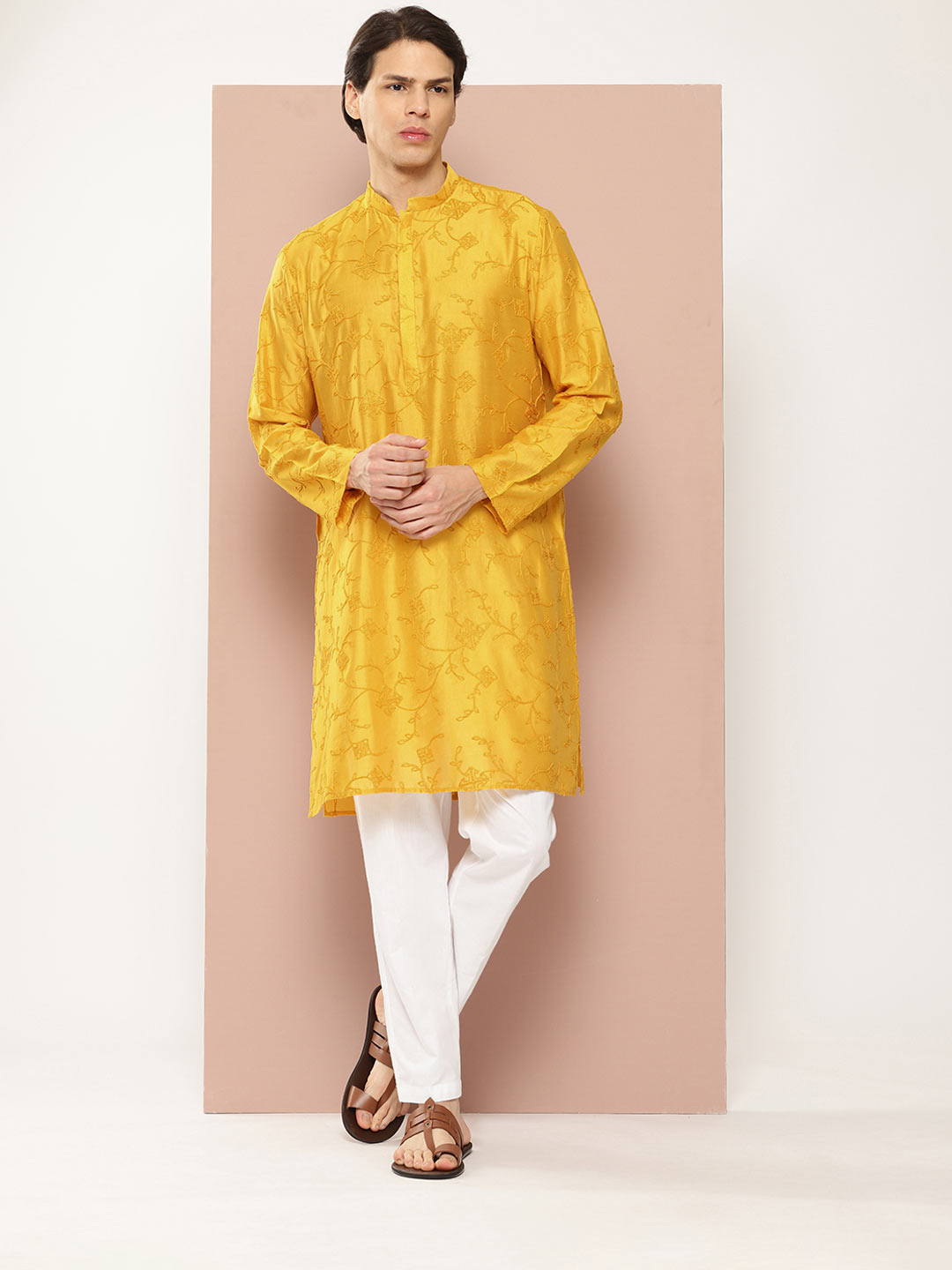 Men's Mustard Chanderi Silk Embroidered Kurta, Paired with Pyjama