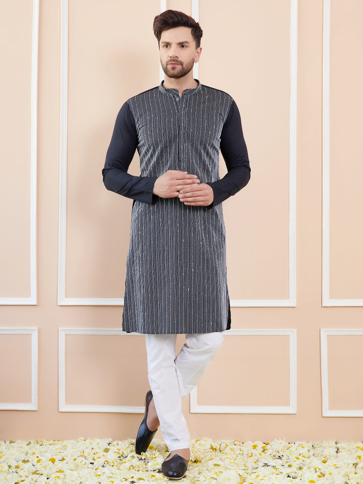 Black Sequins and Thread Worked Cotton Straight Kurta with Pyjama