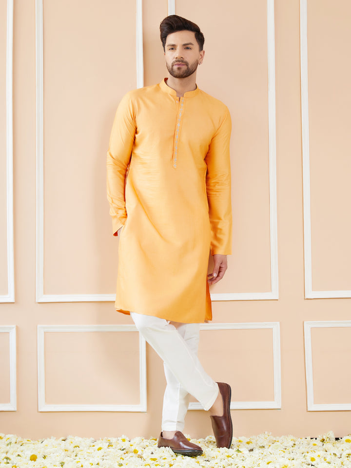 Peach Orange Chanderi Silk Straight Kurta with Embroidered Neckline