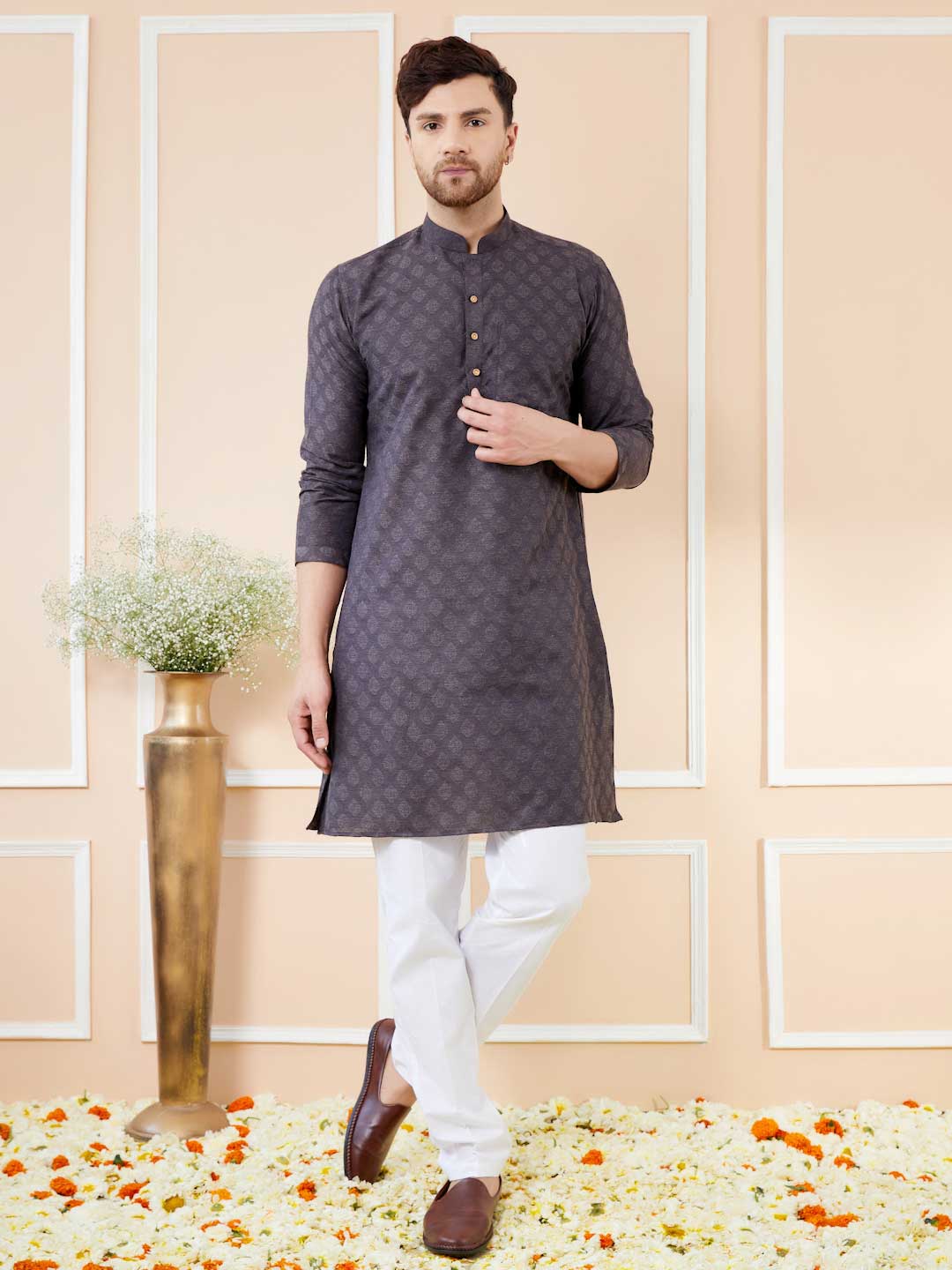 Black Ethnic Motifs Silk Jacquard Woven Design Straight Kurta with Pyjama