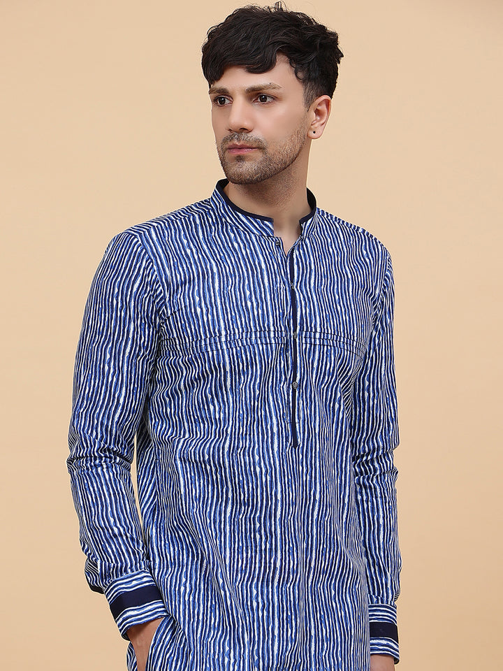 Blue Striped Printed Kurta With Pyjama