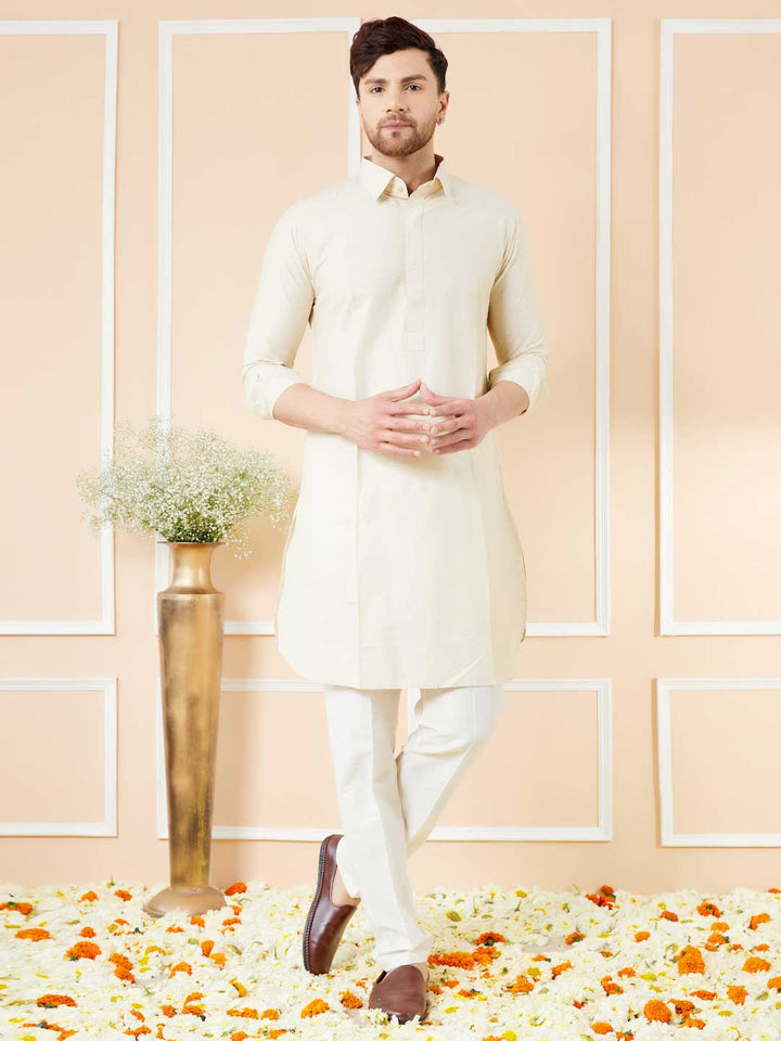 Cream Cotton Solid Pathani Kurta with Pyjama