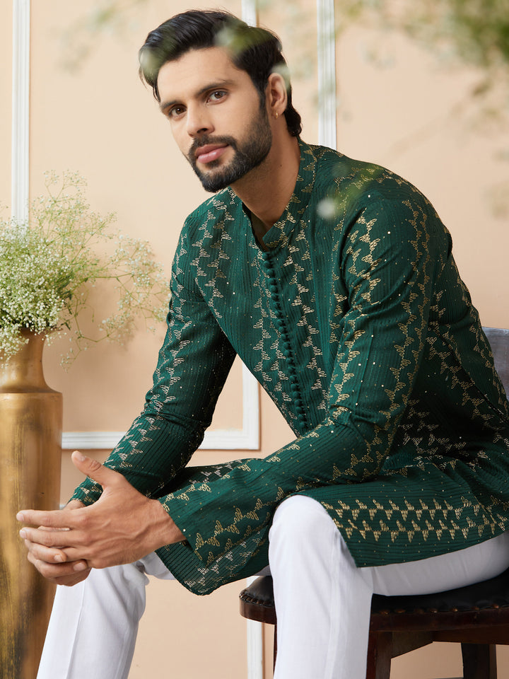 Green Embroidered Thread Work Sequinned Chanderi Silk Straight Kurta with Pyjama