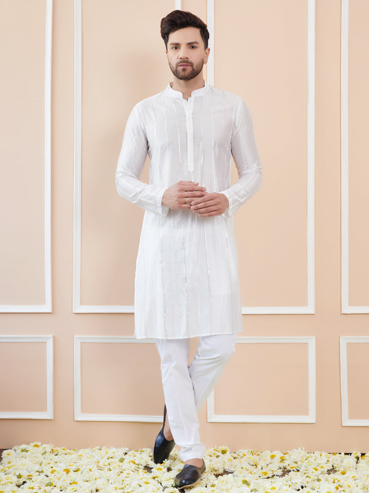 White Sequins Embroidered Pure Chanderi Silk Straight Kurta