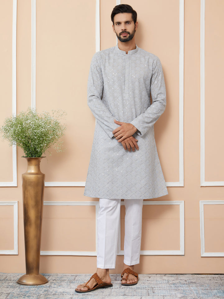 Grey Sequins and Thread Embroidered Cotton Straight Kurta