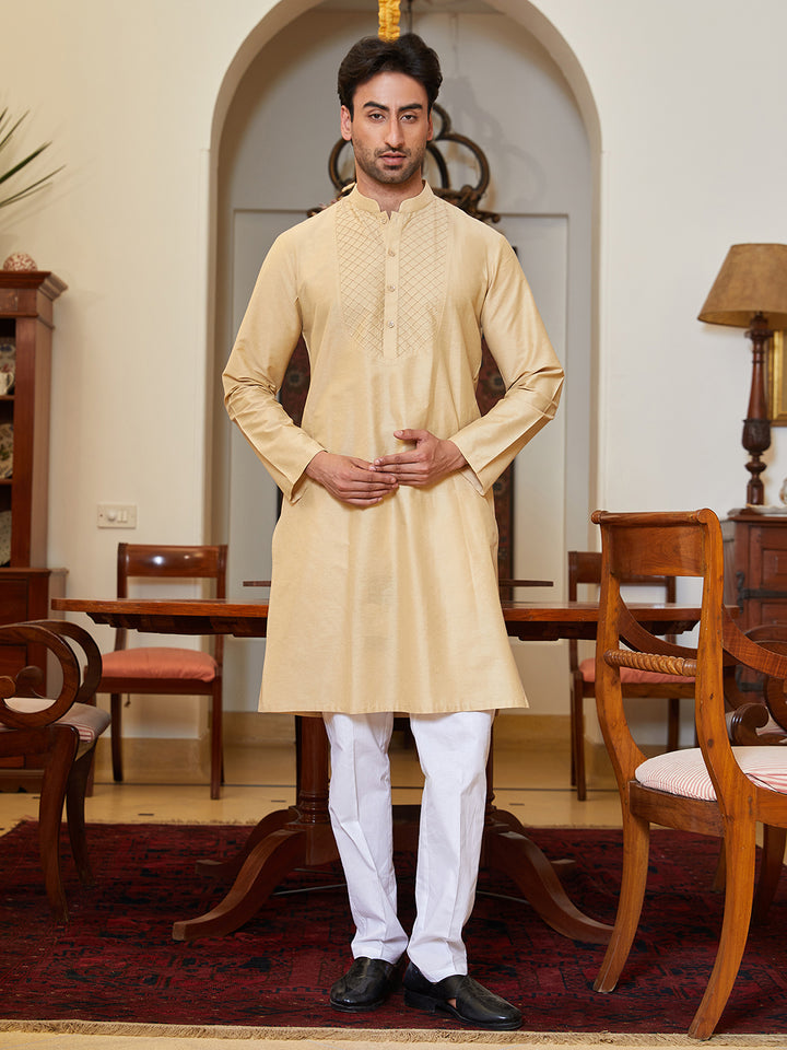 Pintuck Yoke Cotton Silk Straight Kurta with Pyjama