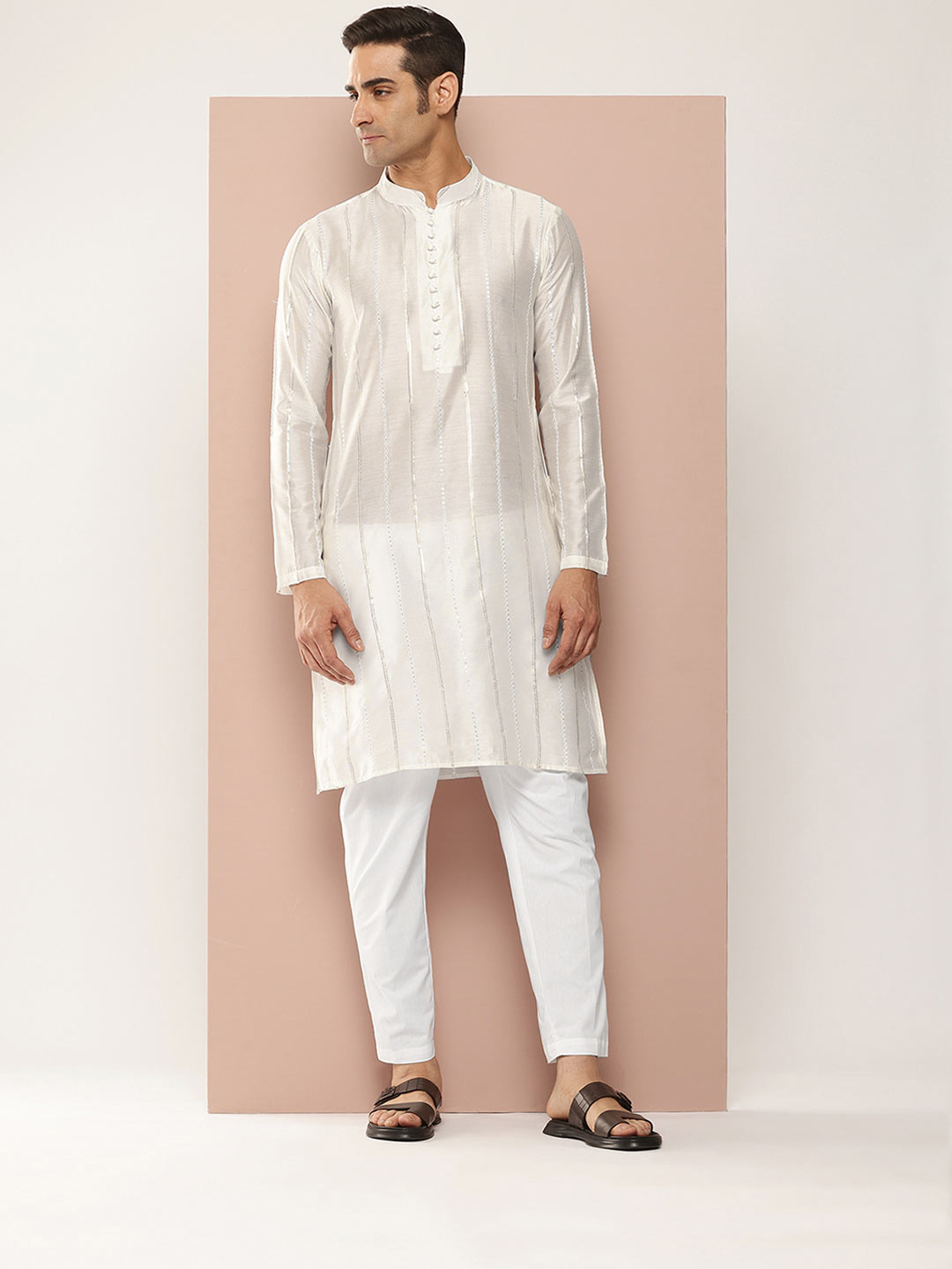 Men's Off White Chanderi Silk Kurta with Sequin Embroidery, Paired with Pyjama