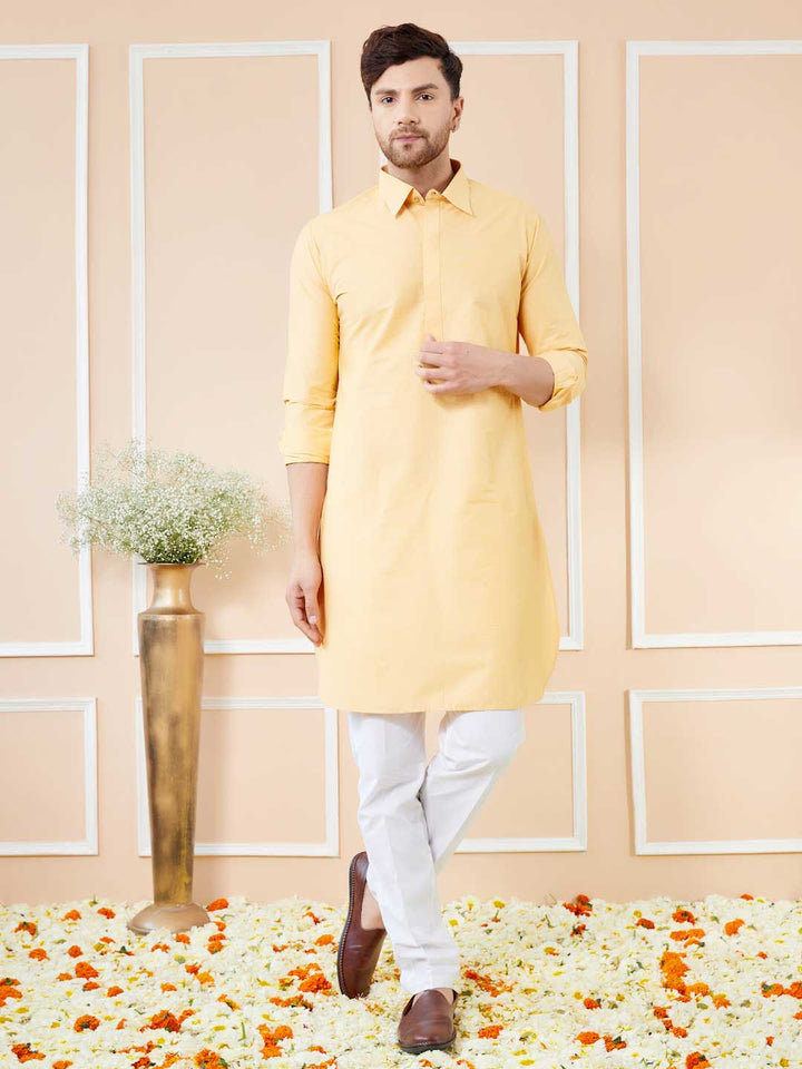  Yellow Cotton Pathani Kurta