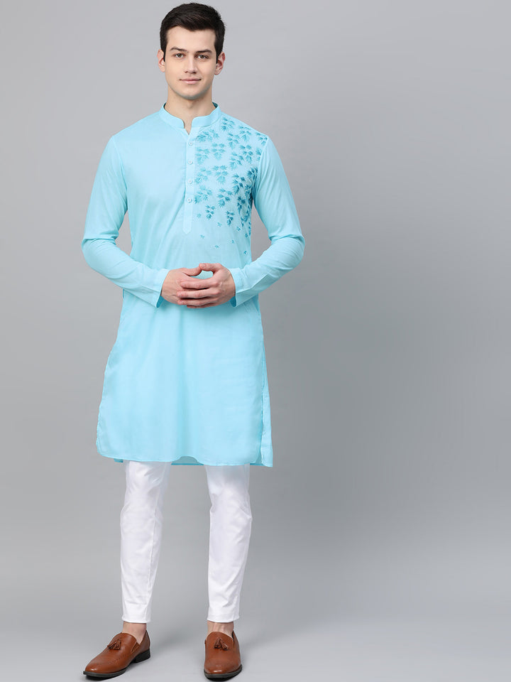 Aqua Blue Embroidered Straight kurta with Pyjama