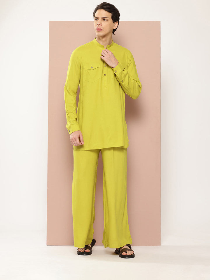 Men's Lime Green Rayon Solid Pathani Set