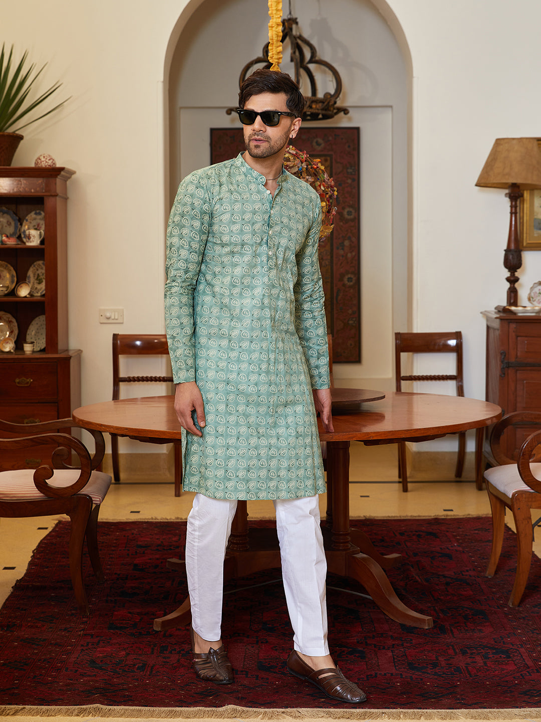 Leaf Printed Pure Cotton Straight Kurta with Pyjama