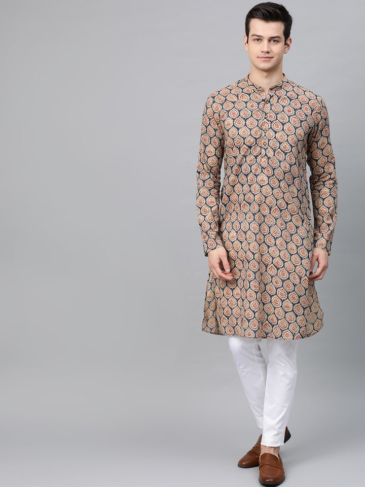 Blue and Maroon Printed Straight Kurta With Pyjama