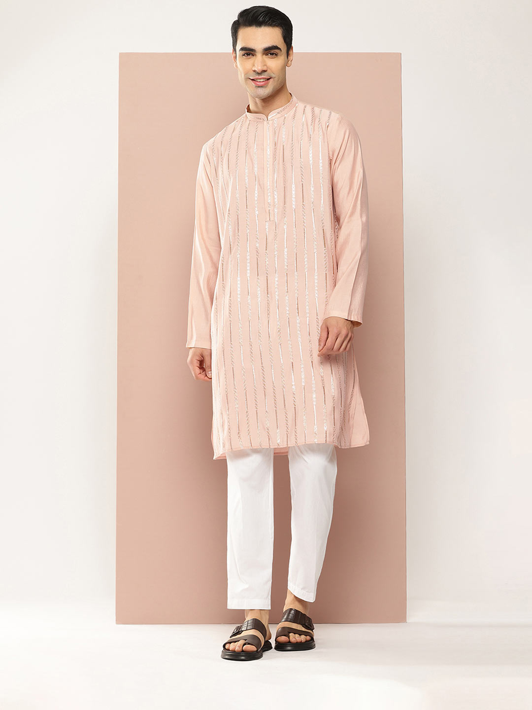 Men’s Pink Chanderi Silk Kurta with Sequin Embroidery, Paired with Pyjama