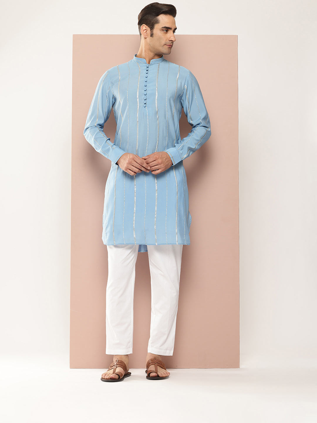 Men's Blue Chanderi Silk Kurta with Sequin Embroidery, Paired with Pyjama