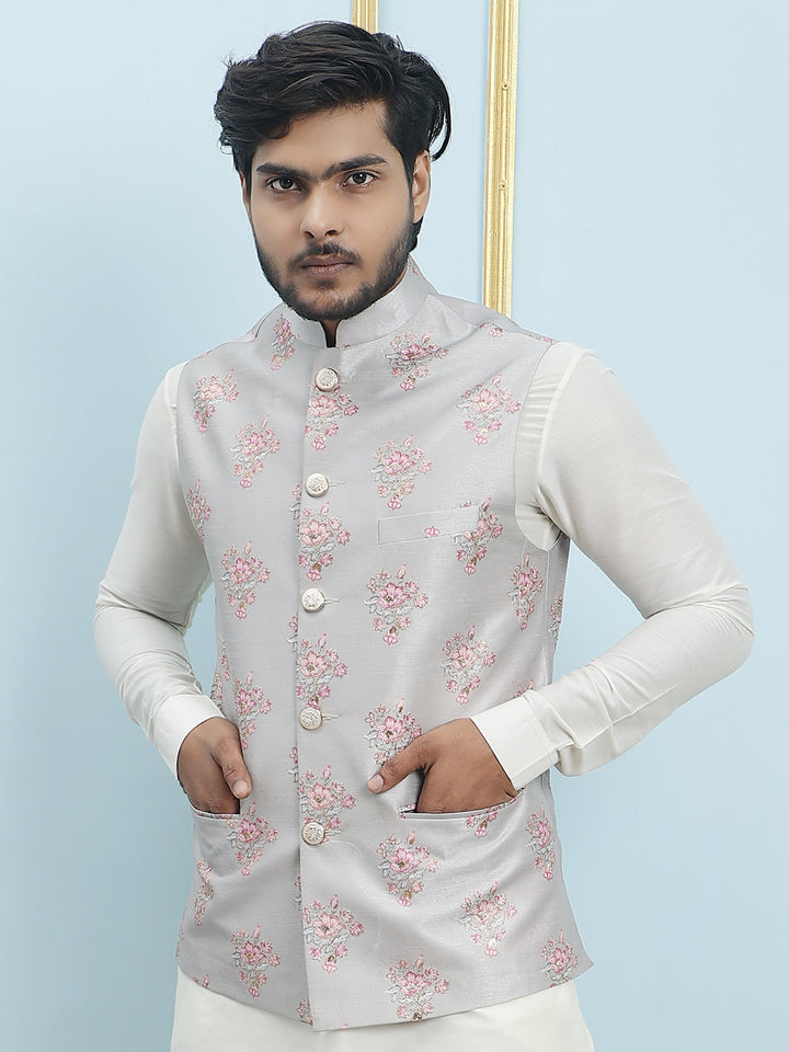 Pure Silk Kurta & Pyjama with Sequins Embroidered Nehru Jacket