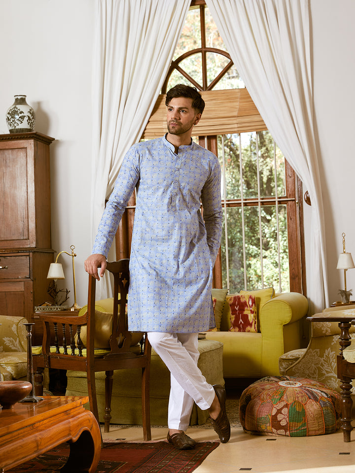 Leaf Printed Pure Cotton Straight Kurta with Pyjama