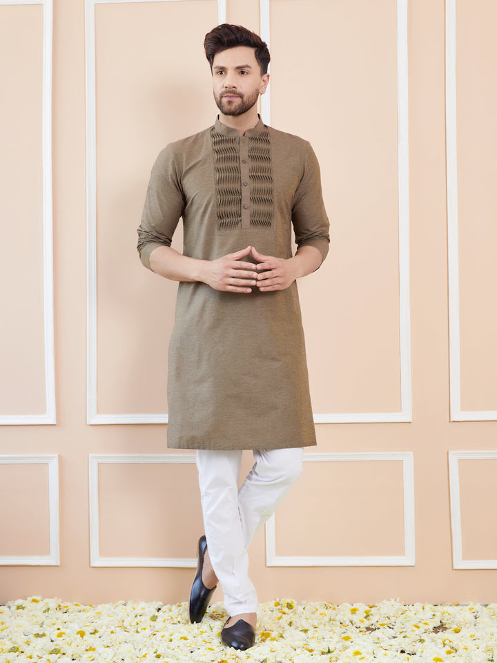 Dust Cotton Straight Kurta with Pintuck Yoke Neckline