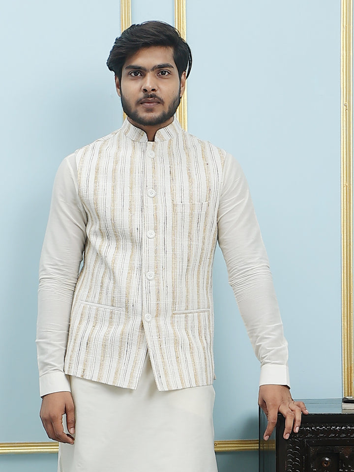 Pure Silk Straight Kurta & Pyjama Set with Handwoven Nehru Jacket