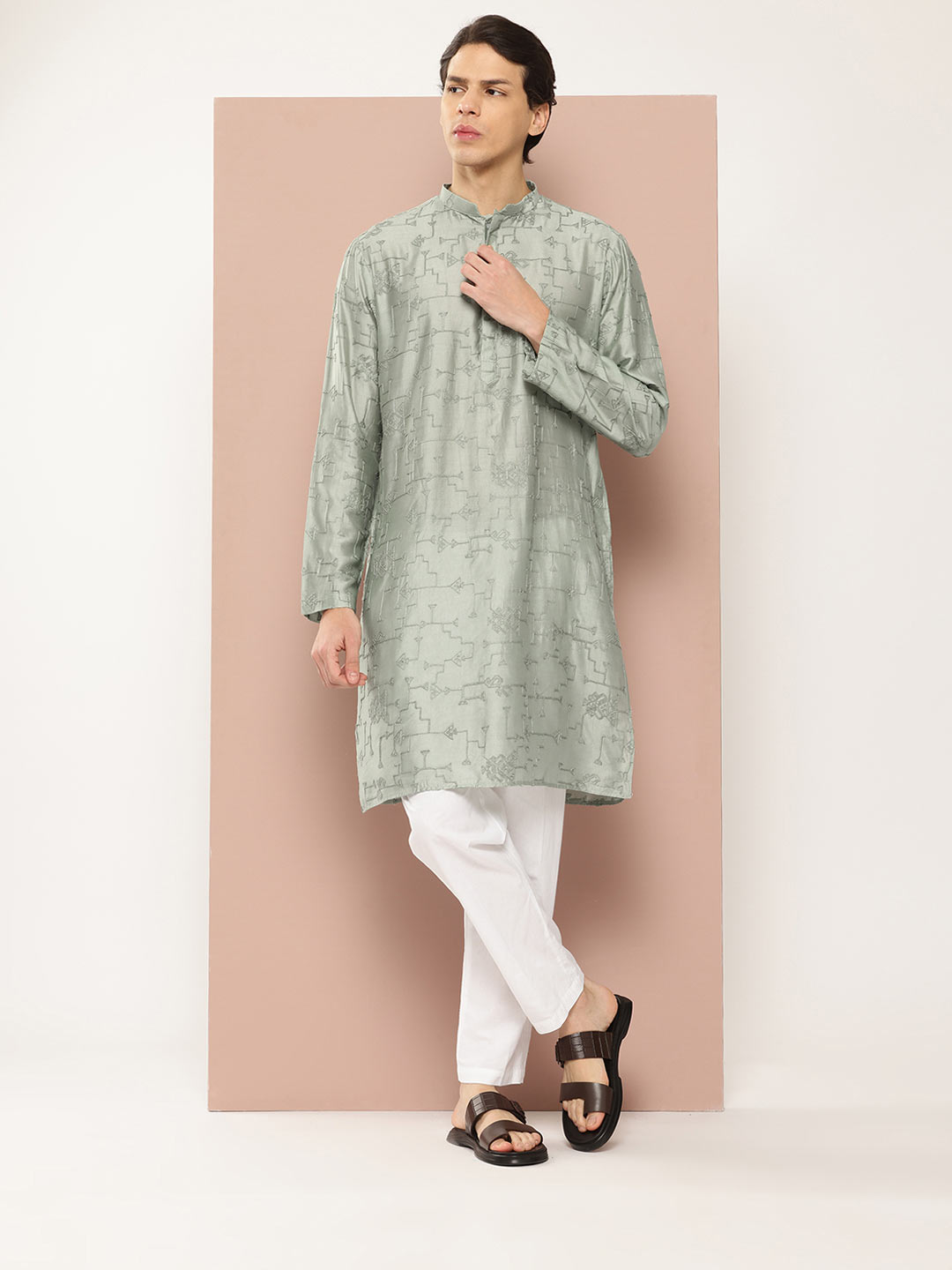 Men's See Green Chanderi Silk Embroidered Kurta, Paired with Pyjama