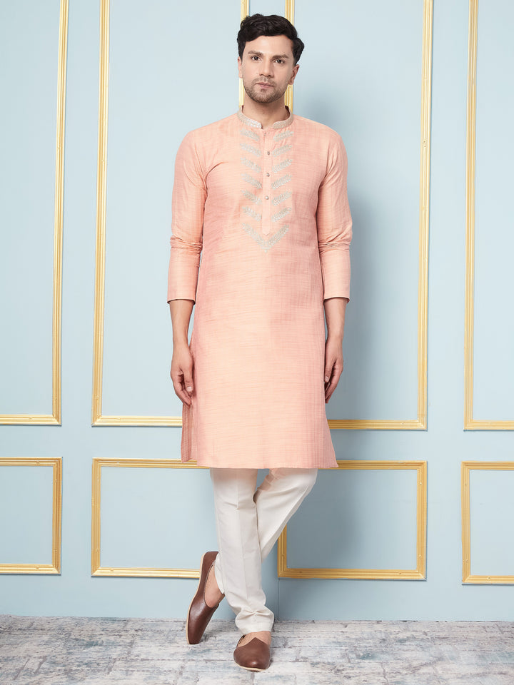 Pure Cotton Straight Kurta with Embroidered Neck Design and Pyjama