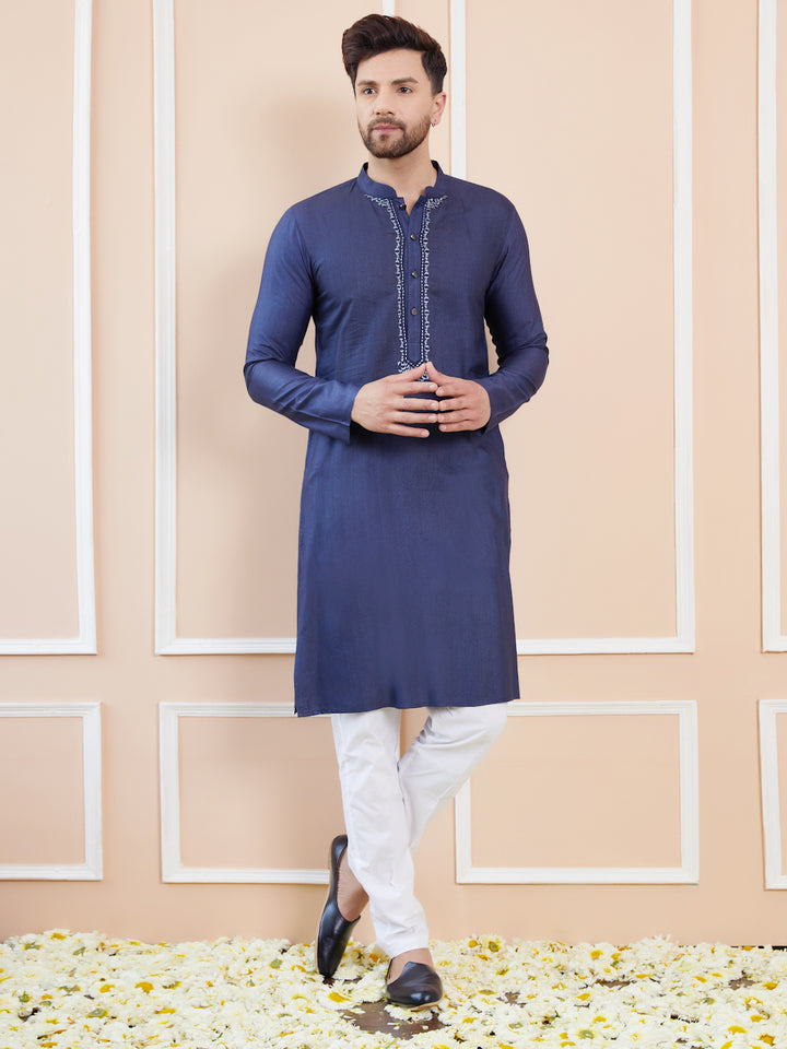 Blue Cotton Solid Straight Kurta with Embroidered Neckline