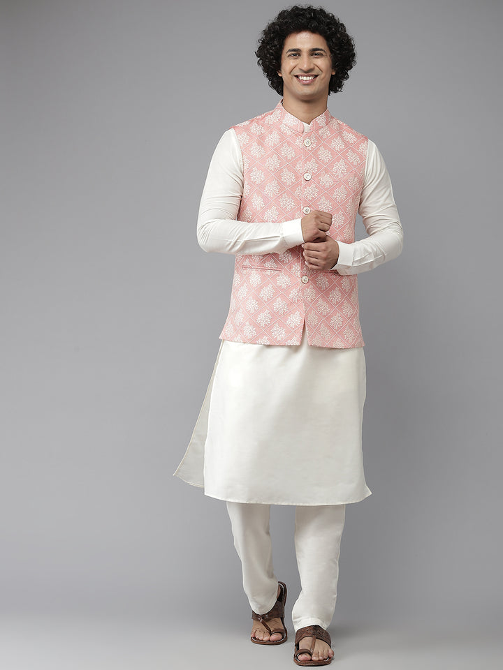 Solid Kurta With Pyjama & Jacquard Nehru Jacket