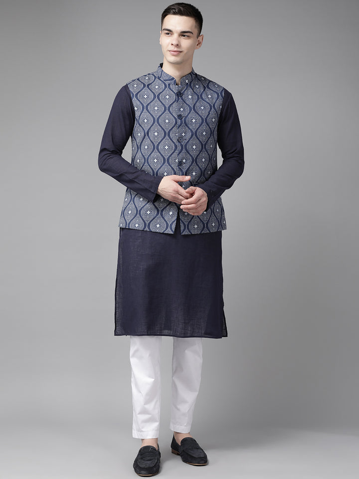 Pure Cotton Kurta with Pyjama & Printed Nehru Jacket