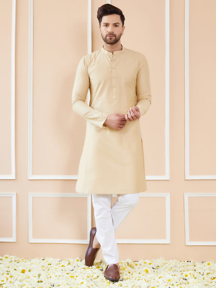 Cream Cotton Solid Straight Kurta with Pyjama