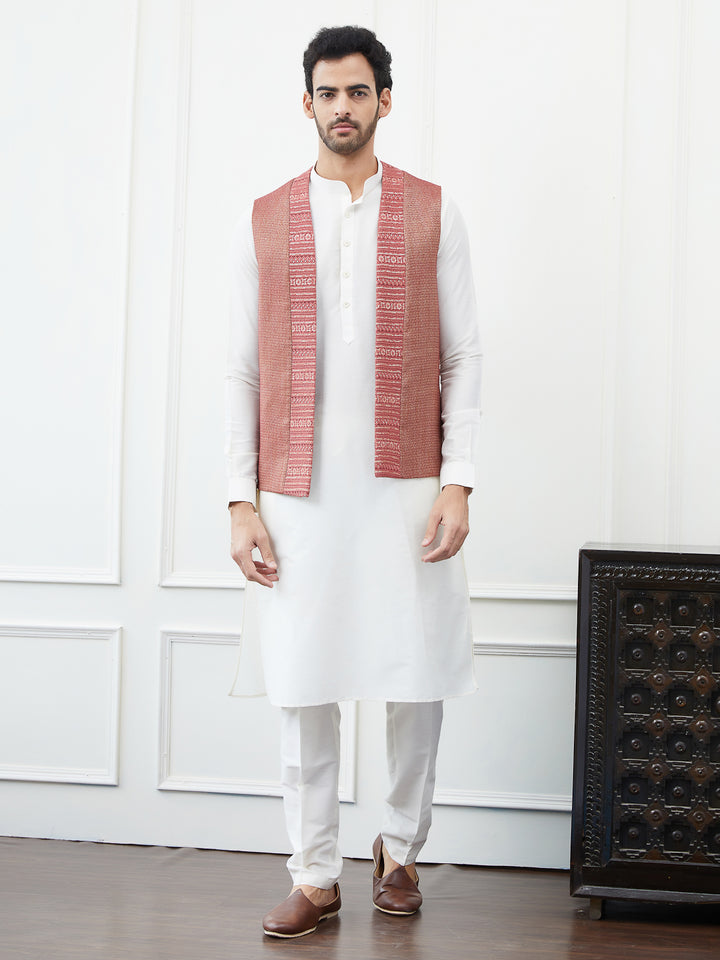 Pure Cotton Straight Kurta & Pyjama with Woven Jacquard Nehru Jacket