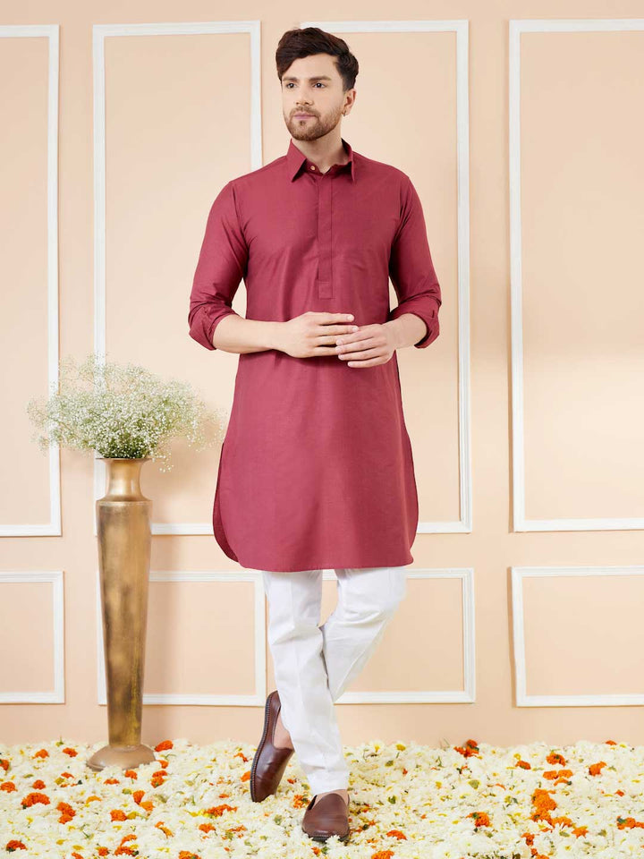 Maroon Cotton  Pathani Kurta