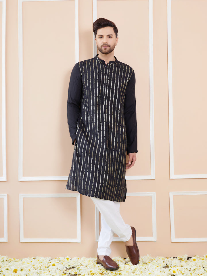 Men Black and Gold Sequins Embroidered Chanderi Silk Straight Kurta With Pyjama