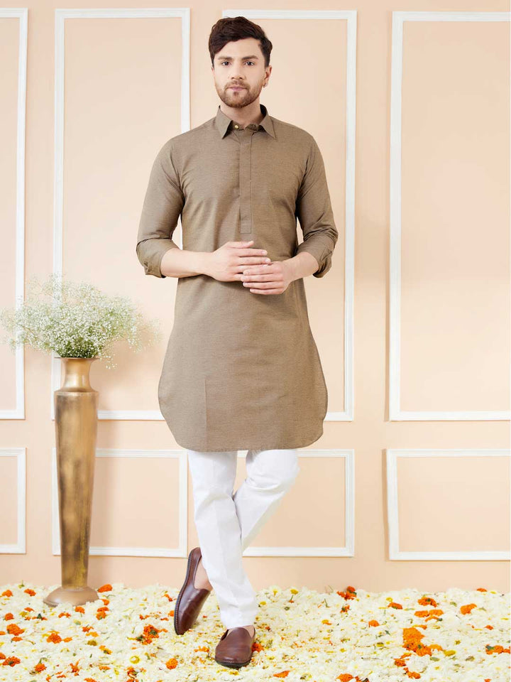 Brown Cotton Solid Pathani Kurta with Pyjama