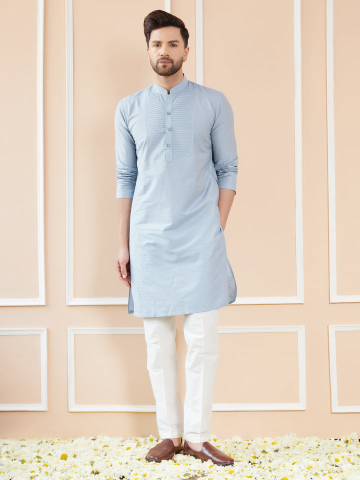 Blue Cotton Solid Straight Kurta with Pintuck Neckline and Pyjama