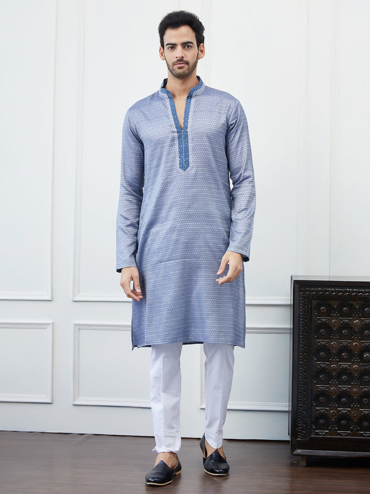 Thread Worked Pure Cotton Straight Kurta With Embroidered Sequin Neck Design and Pyjama