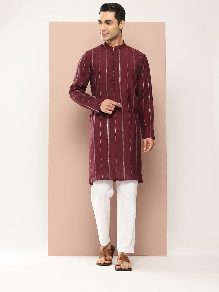 Men's Maroon Chanderi Silk Kurta with Sequin Embroidery, Paired with Pyjama