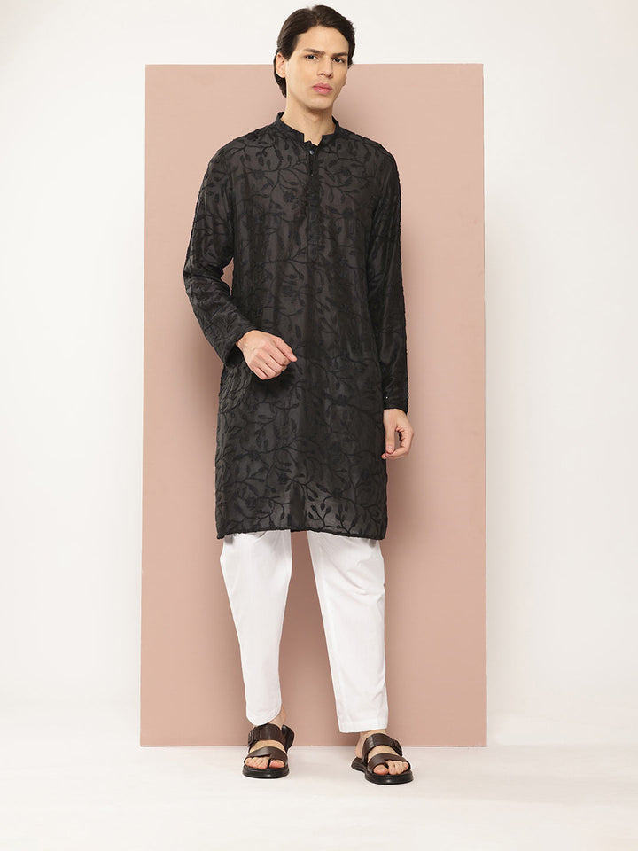 Men's Black Chanderi Silk Embroidered Kurta, Paired with Pyjama