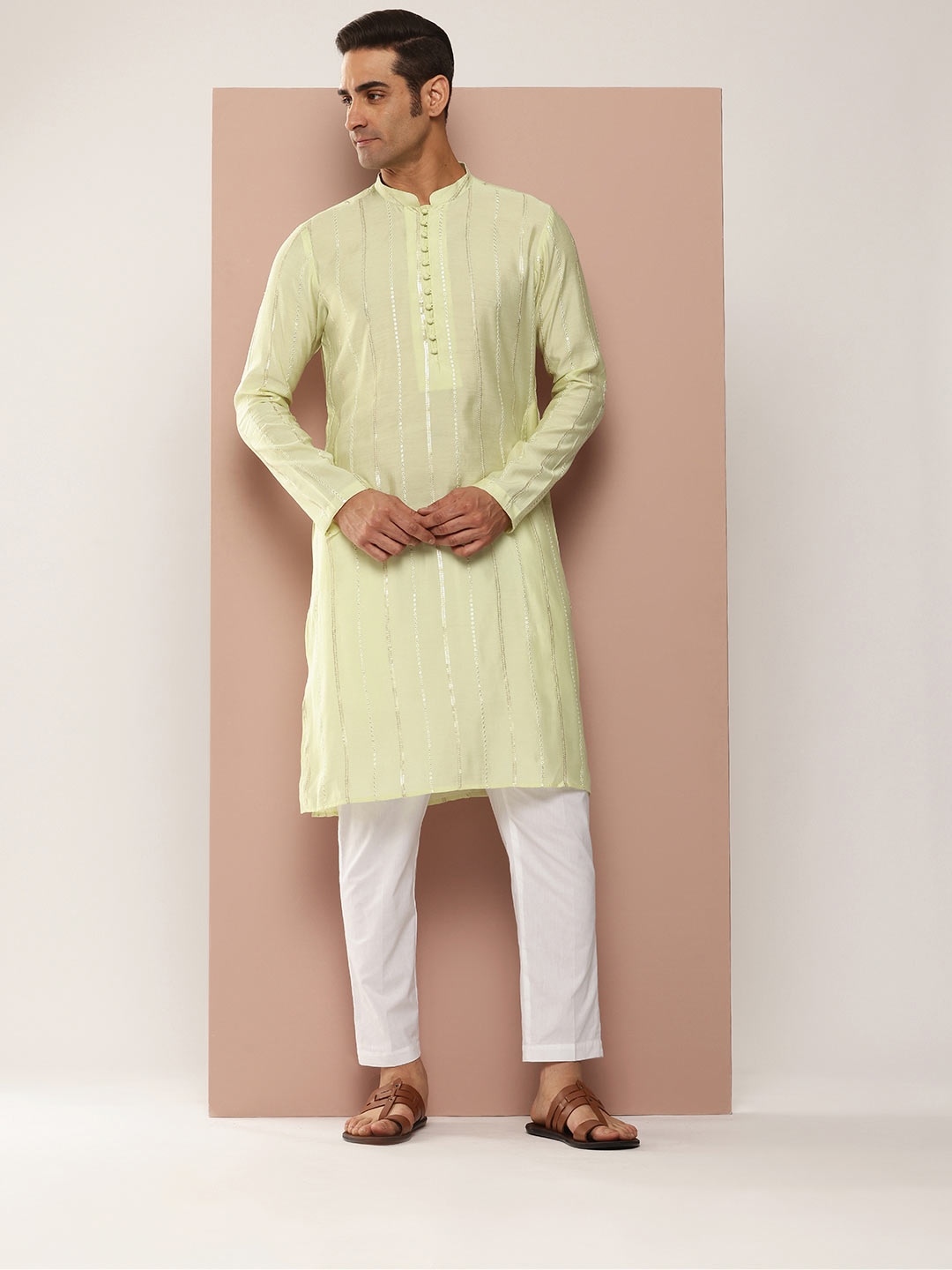 Cream Chanderi Silk Kurta with Sequin Embroidery, Paired with Pyjama